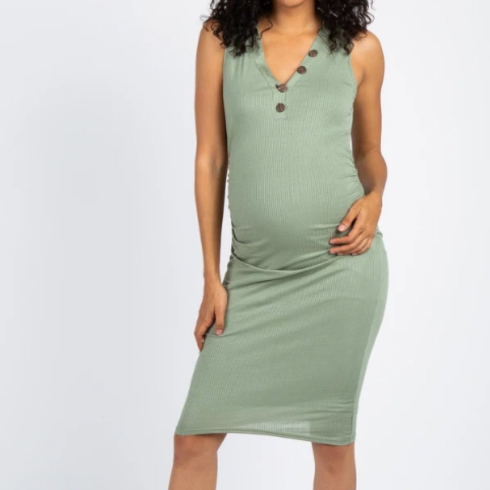 PinkBlush Green Ribbed Button Front Ruched Fitted Maternity Dress
